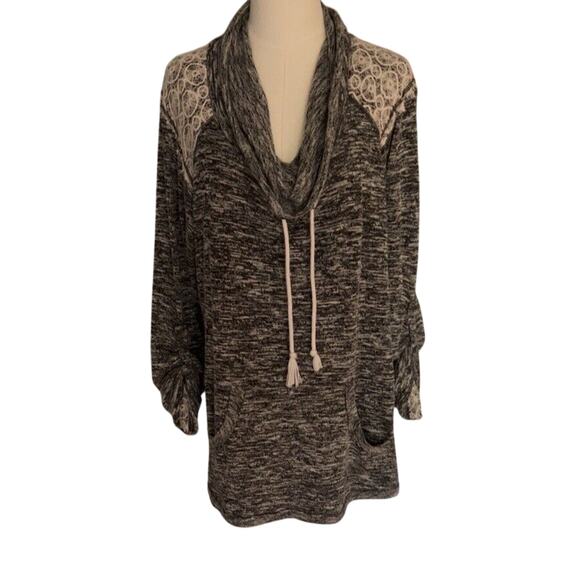 Chance or Fate Black Variegated Cowl Neck Sweater W/ Lace Detail XL Cottage Boho - Picture 1 of 9